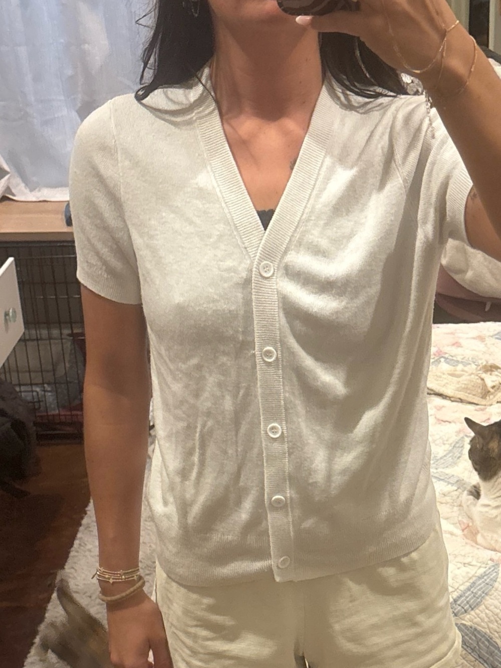 Light Cream Button-Front Short Sleeve Top